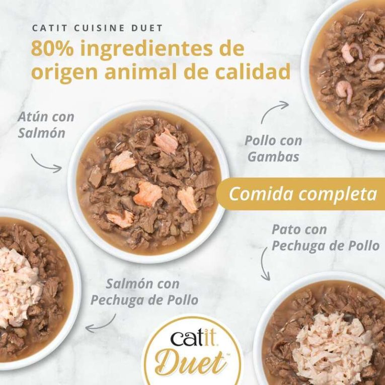 Comida completa Catit DUET con ochenta por ciento de ingredientes de origen animal de calidad: Atún con Salmón, Pollo con Gambas, Pato con Pollo, Salmón con Pollo.