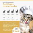 Tabla de cantidades recomendadas Catit DUET por peso del gato: 2kg, 4kg, 6kg, 8kg. Dosis en latas de 75g.