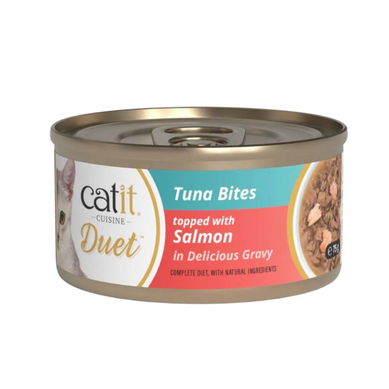 Lata Catit DUET Atún con Salmón, comida húmeda para gato, bocados en salsa, ingredientes naturales.