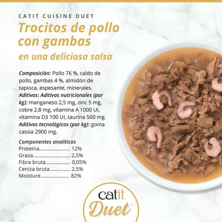 Composición detallada Catit DUET Trocitos de Pollo con Gambas, 12% Proteína, 2,5% Grasa, Taurina.
