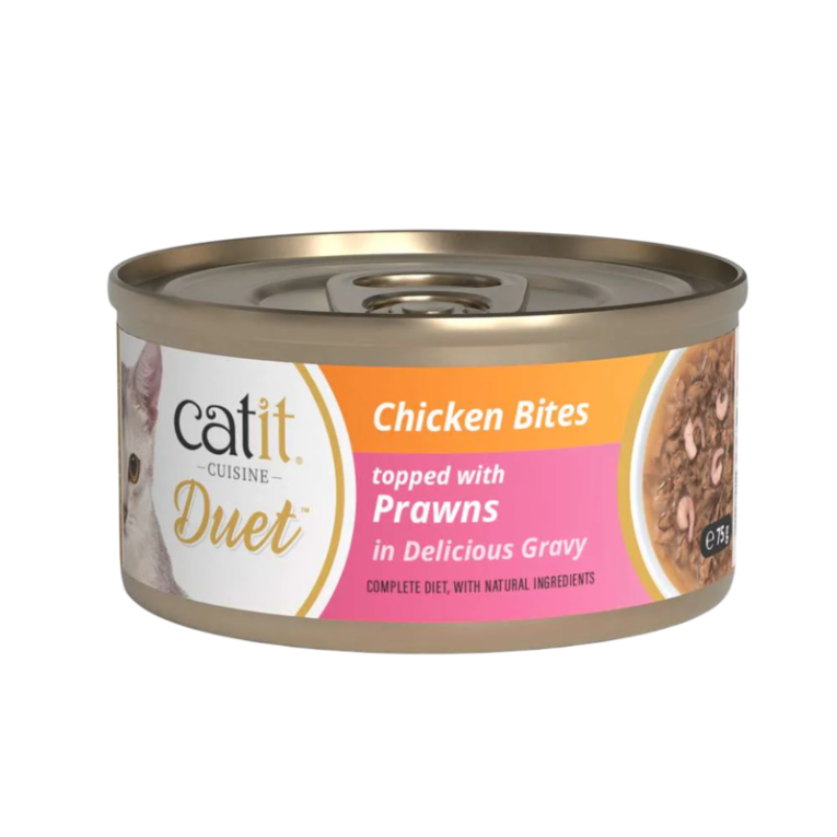 Lata Catit DUET Pollo con Gambas, comida húmeda para gato, bocados en salsa, ingredientes naturales.