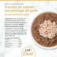 Composición detallada Catit DUET Trocitos de Salmón y Pechuga de Pollo, 12% Proteína, 2,5% Grasa, Taurina.