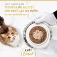 Foto promocional Catit DUET, gato mirando trocitos de Salmón y Pechuga de Pollo en salsa.