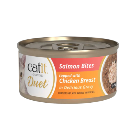 Lata Catit DUET Salmón con Pechuga de Pollo, comida húmeda para gato, bocados en salsa.
