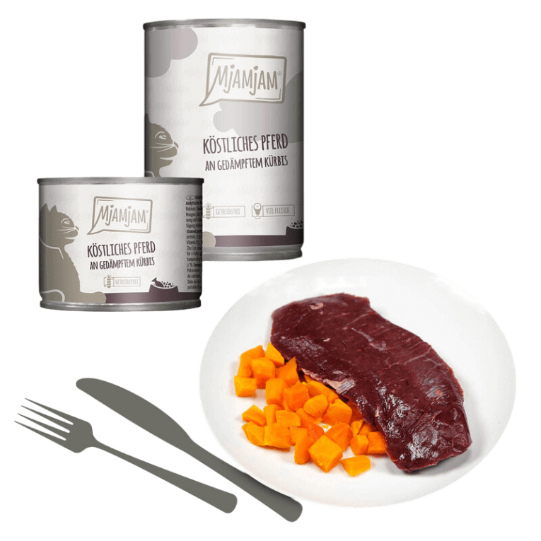 Latas de comida húmeda Mjamjam de Caballo con Calabaza al Vapor, monoproteica, sin cereales, de alta calidad para gatos. Disponible en 200g y 800g.