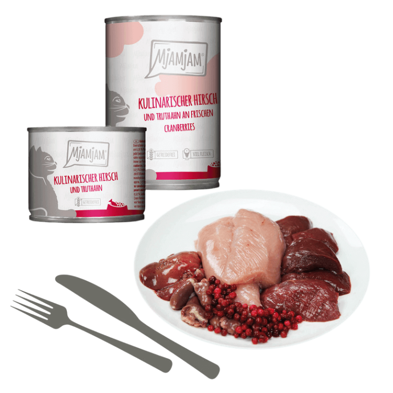 Latas de comida húmeda Mjamjam de Ciervo y Pavo con Arándanos Frescos, sin cereales, de alta calidad para gatos. Disponible en 200g y 800g.