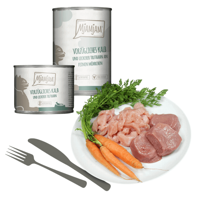 Latas de comida húmeda Mjamjam de Ternera/Ternera Tierna y Pavo con Zanahorias, sin cereales, de alta calidad para gatos. Disponible en 200g y 800g.