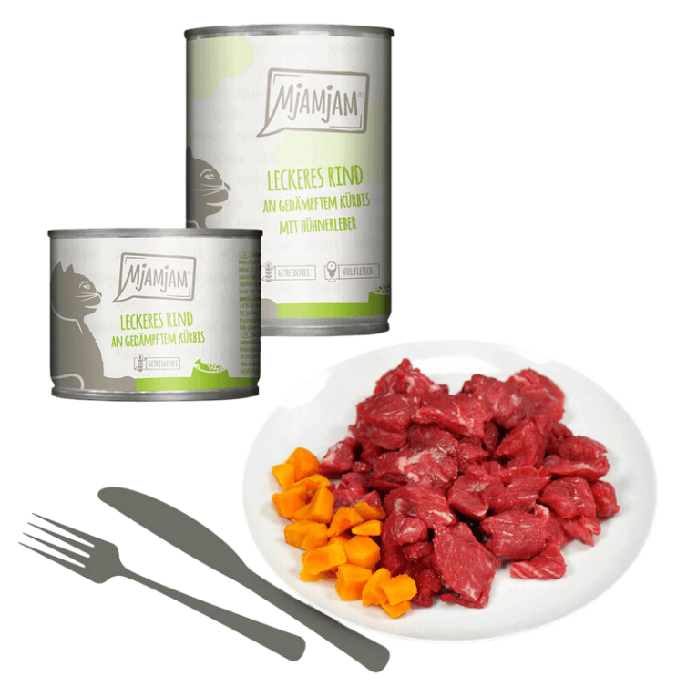 Latas de comida húmeda Mjamjam de Ternera con Calabaza y Hígado de Pollo, sin cereales, de alta calidad para gatos. Disponible en 200g y 800g.