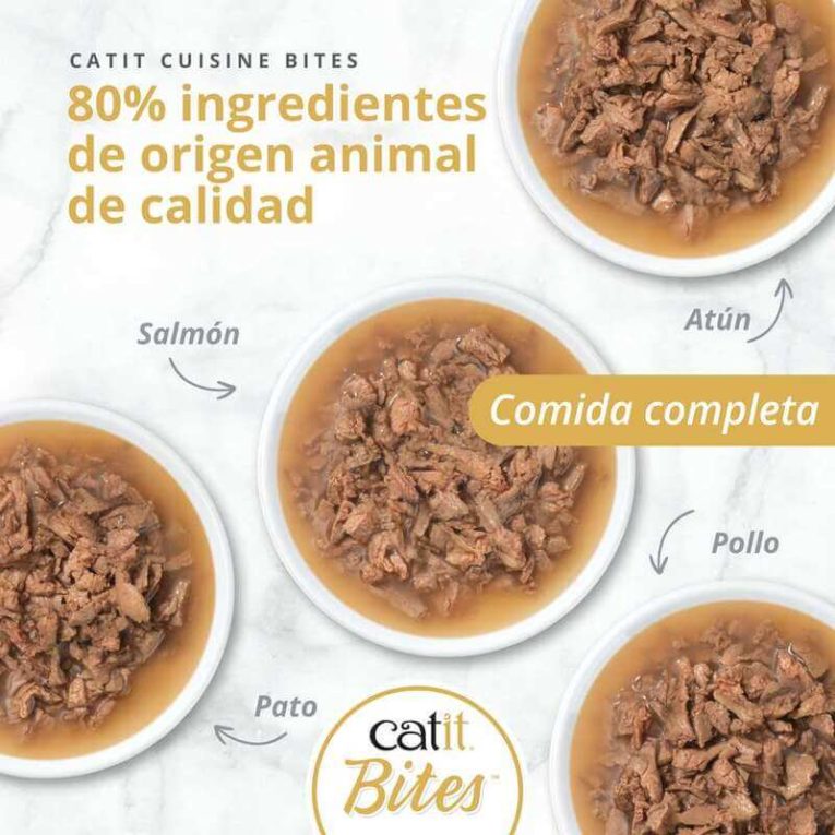 Comida completa Catit BITES con ochenta por ciento de ingredientes de origen animal de calidad: Salmón, Pato, Atún, Pollo.