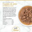 Composición nutricional lata Catit BITES Trocitos de Atún en salsa: 12% proteína, 2.5% grasa, 82% humedad.