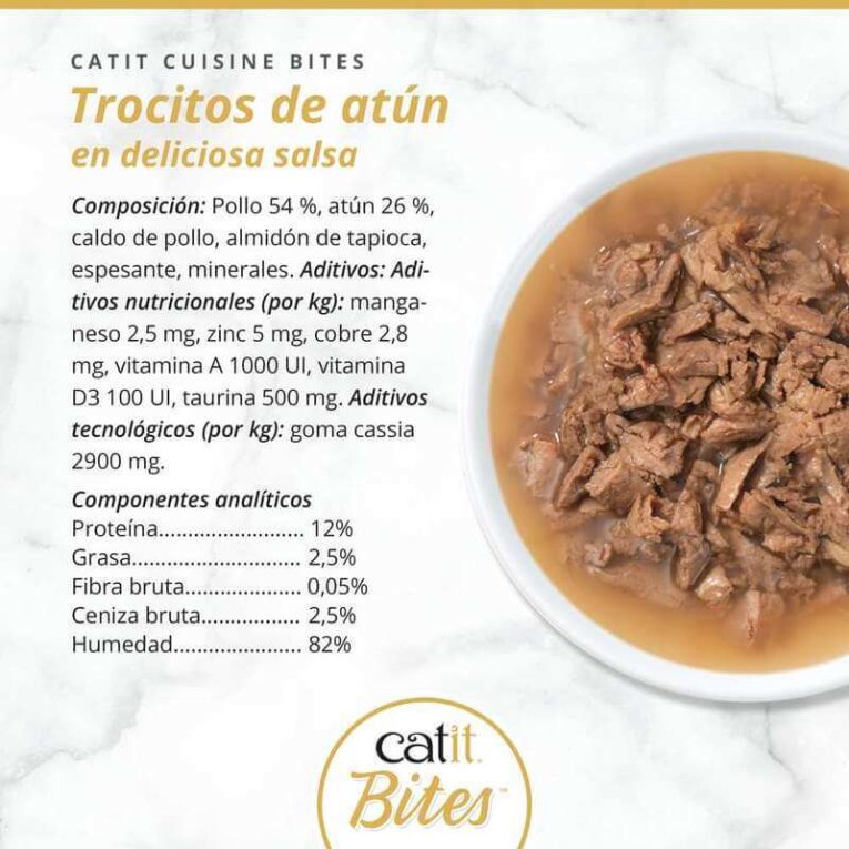 Composición nutricional lata Catit BITES Trocitos de Atún en salsa: 12% proteína, 2.5% grasa, 82% humedad.
