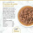 Composición nutricional lata Catit BITES Trocitos de Pato en salsa: 12% proteína, 2.5% grasa, 82% humedad.
