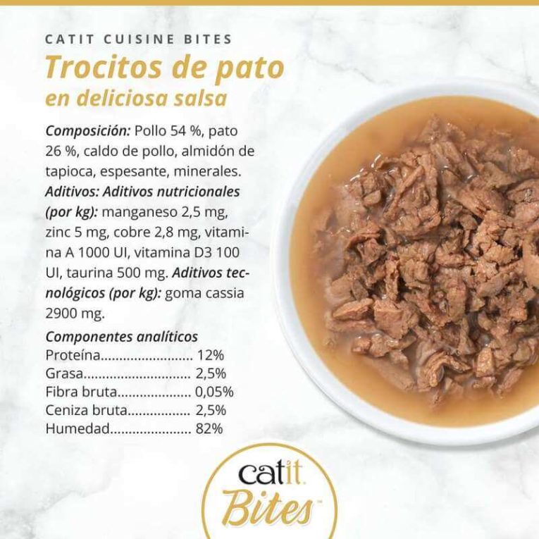Composición nutricional lata Catit BITES Trocitos de Pato en salsa: 12% proteína, 2.5% grasa, 82% humedad.
