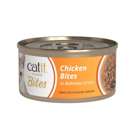 Lata Catit Cuisine BITES de Trocitos de Pollo en salsa deliciosa, dieta completa con ingredientes naturales, 75g.