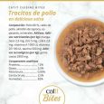 Composición nutricional lata Catit BITES Trocitos de Pollo en salsa: 12% proteína, 2.5% grasa, 82% humedad.