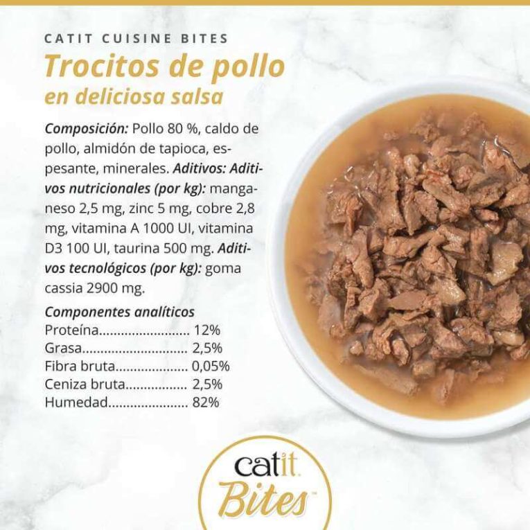 Composición nutricional lata Catit BITES Trocitos de Pollo en salsa: 12% proteína, 2.5% grasa, 82% humedad.