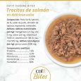 Composición nutricional lata Catit BITES Trocitos de Salmón en salsa: 12% proteína, 2.5% grasa, 82% humedad.