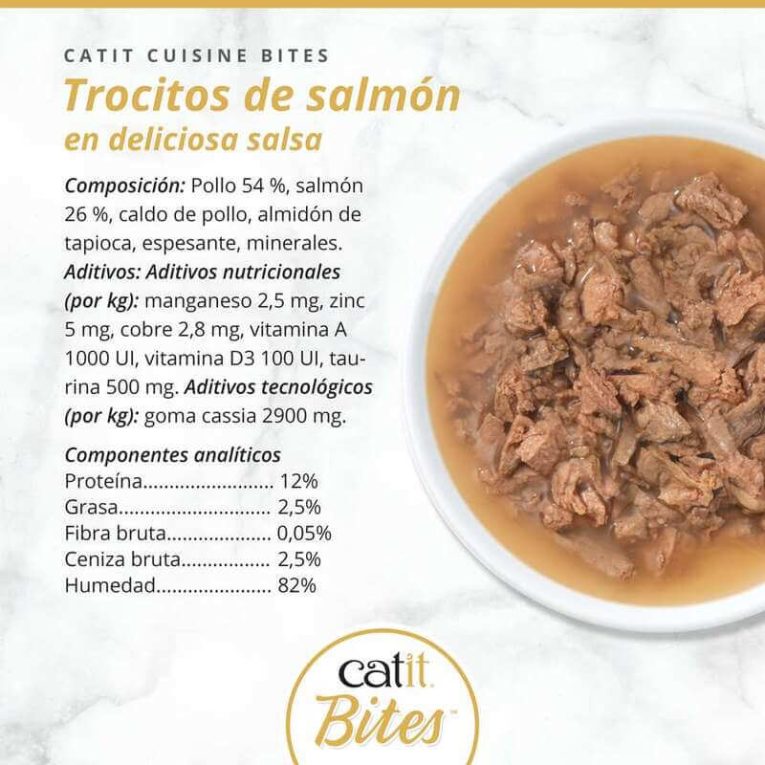 Composición nutricional lata Catit BITES Trocitos de Salmón en salsa: 12% proteína, 2.5% grasa, 82% humedad.