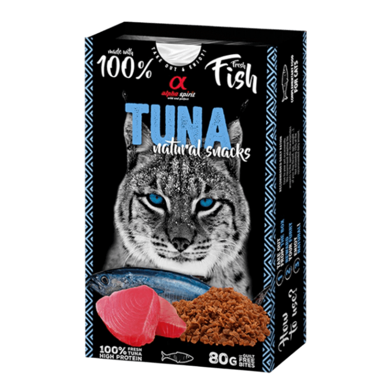 Caja de Alpha Spirit Tuna Natural Snacks para gatos (80g), hechos con 100% pescado fresco (atún) y alto en proteínas, sin grano.