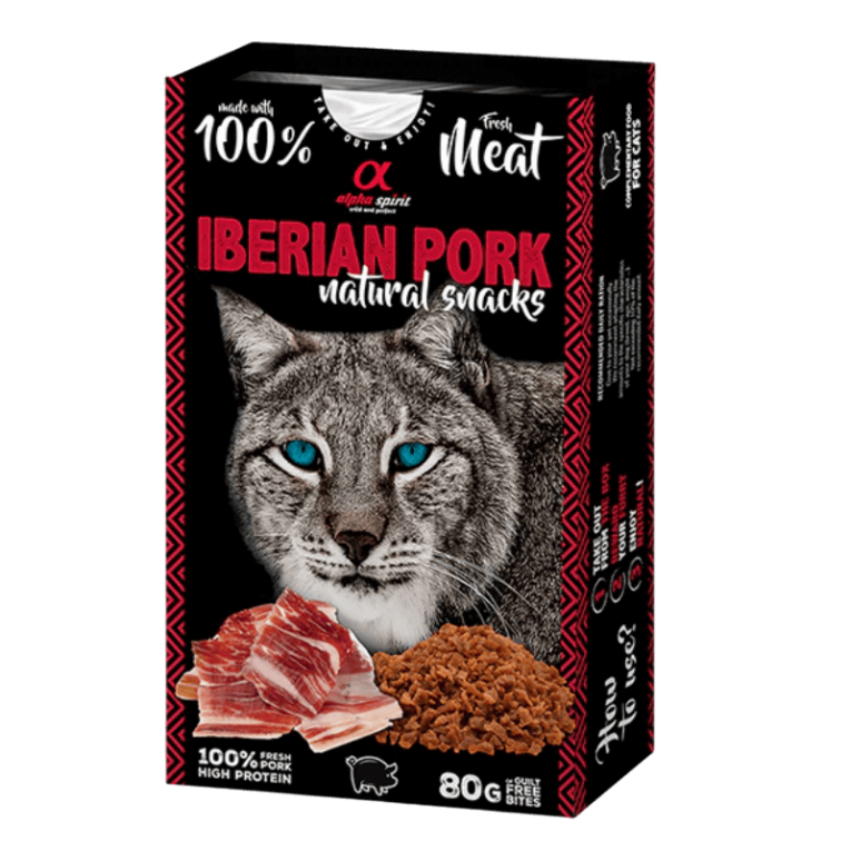 Caja de Alpha Spirit Iberian Pork Natural Snacks para gatos (80g), hechos con 100% carne fresca de cerdo ibérico y alto en proteínas, sin grano.