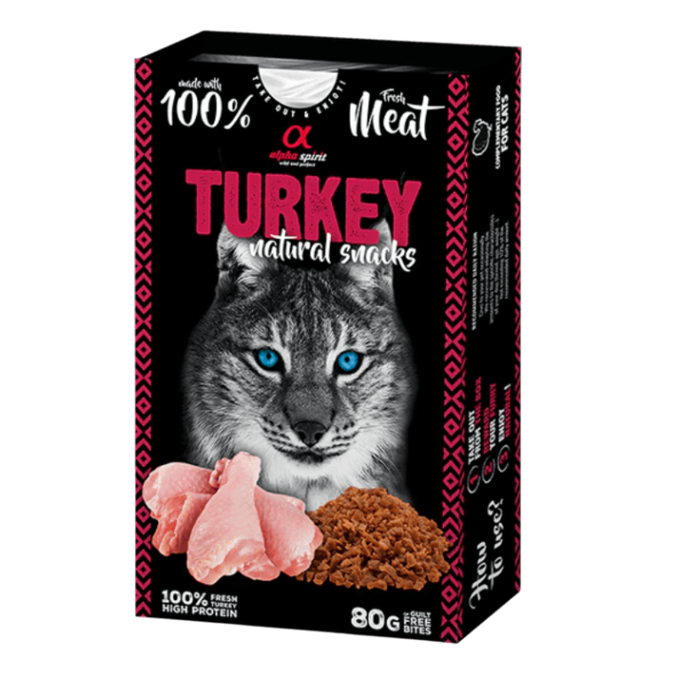 Caja de Alpha Spirit Turkey Natural Snacks para gatos (80g), hechos con 100% carne fresca de pavo y alto en proteínas, sin grano.