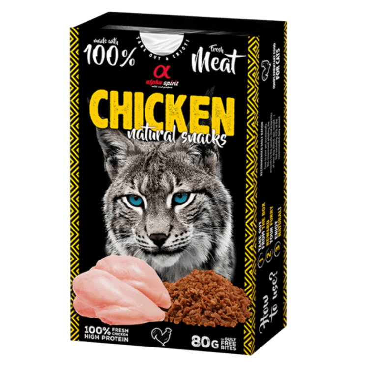Caja de Alpha Spirit Chicken Natural Snacks para gatos (80g), hechos con 100% carne fresca de pollo y alto en proteínas, sin grano.