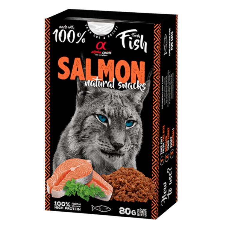 Caja de Alpha Spirit Salmon Natural Snacks para gatos (80g), hechos con 100% pescado fresco (salmón) y alto en proteínas, sin grano.