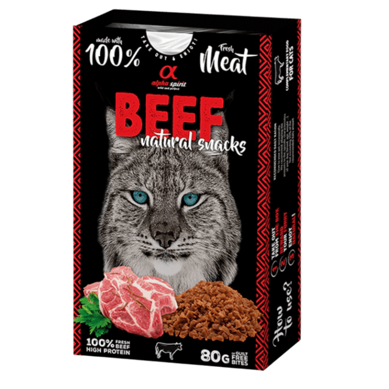 Caja de Alpha Spirit Beef Natural Snacks para gatos (80g), hechos con 100% carne fresca de ternera y alto en proteínas, sin grano.