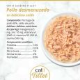 Composición nutricional lata Catit FILLET Pollo desmenuzado en caldo: 14% proteína, 0.3% grasa, 83% humedad.