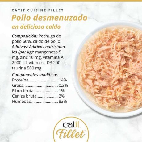Composición nutricional lata Catit FILLET Pollo desmenuzado en caldo: 14% proteína, 0.3% grasa, 83% humedad.