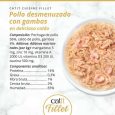Composición nutricional lata Catit FILLET Pollo desmenuzado con Gambas en caldo: 14% proteína, 0.3% grasa, 83% humedad.
