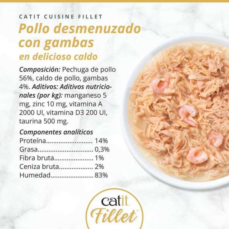 Composición nutricional lata Catit FILLET Pollo desmenuzado con Gambas en caldo: 14% proteína, 0.3% grasa, 83% humedad.