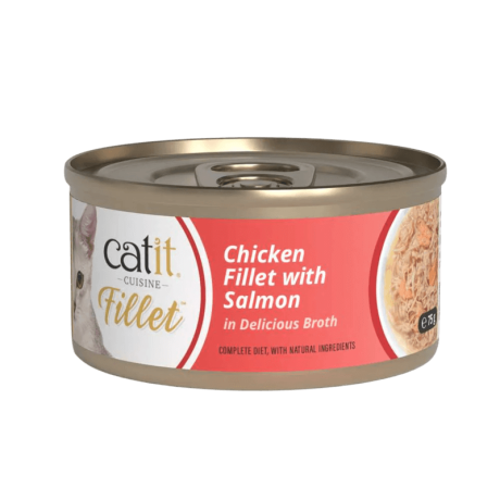 Lata Catit Cuisine FILLET de Pollo Desmenuzado con Salmón en Caldo, dieta completa con ingredientes naturales, 75g.