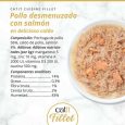 Composición nutricional lata Catit FILLET Pollo desmenuzado con Salmón en caldo: 14% proteína, 0.3% grasa, 83% humedad.