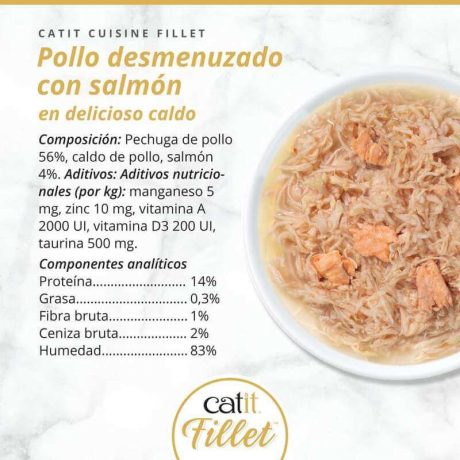 Composición nutricional lata Catit FILLET Pollo desmenuzado con Salmón en caldo: 14% proteína, 0.3% grasa, 83% humedad.