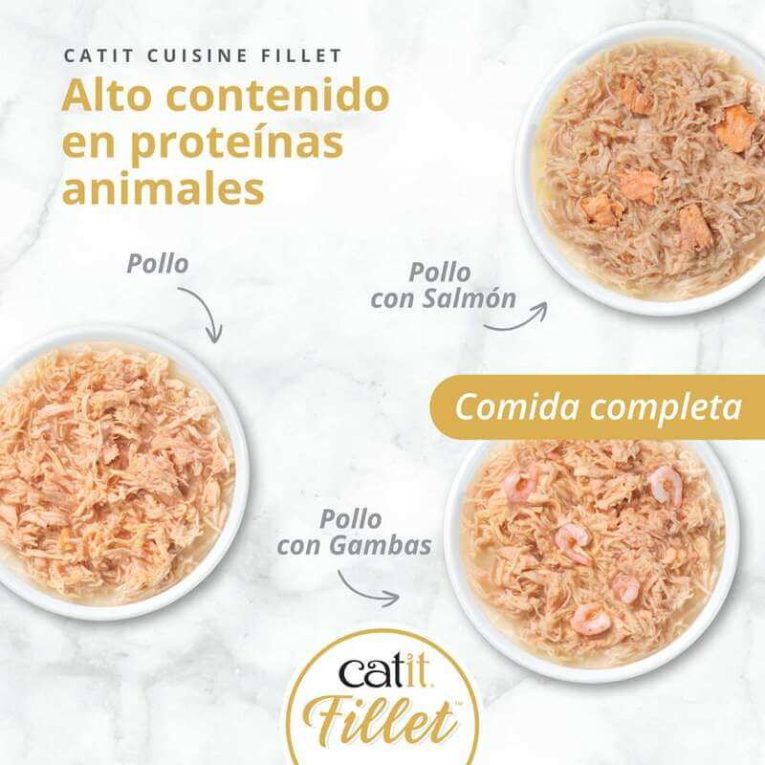 Latas Catit Cuisine Fillet: Pack de 3 sabores (Pollo, Pollo con Salmón, Pollo con Gambas) – Comida completa rica en proteínas para gato.