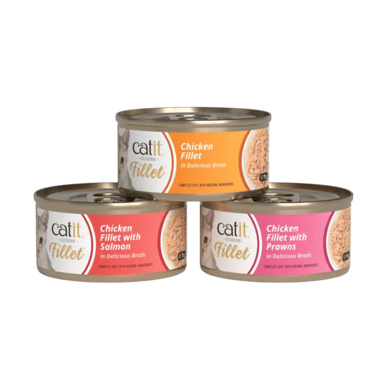 Tres latas Catit Cuisine Fillet: Chicken, Chicken Fillet with Salmon, y Chicken Fillet with Prawns - Comida húmeda para gato.