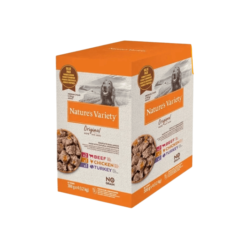 Caja Multipack Nature's Variety Original Paté para perros (300g x 4), sin cereales, con sabores Ternera, Pollo y Pavo.