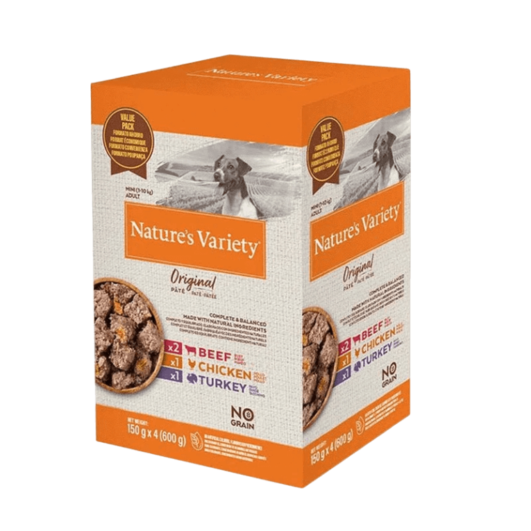 Caja Multipack Nature's Variety Original Paté para perros Mini Adult (150g x 4), sin cereales, con sabores Ternera, Pollo y Pavo.