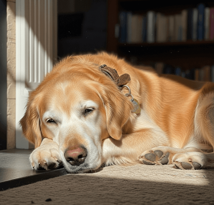 Perro labrador senior de pelaje dorado, relajado y durmiendo junto a la luz del sol en una alfombra, con estanterías de libros al fondo.