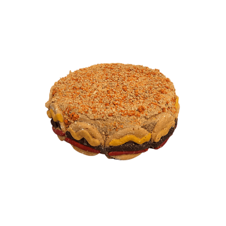 Tarta de cumpleaños Waniyampi para perros con forma de hamburguesa (Burguer Cake), decorada con "queso", "kétchup" y semillas.