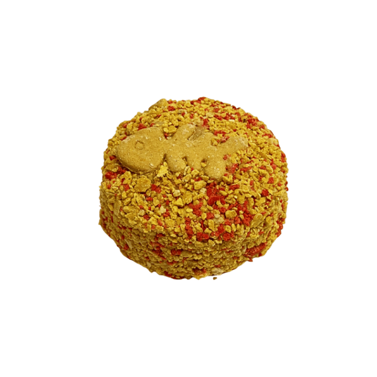 Tarta de cumpleaños redonda Waniyampi de Pescado y Zanahoria, decorada con migas amarillas y rojas y una galleta en forma de pescado.