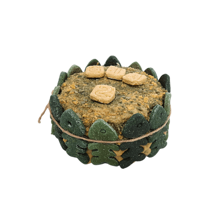 Tarta Waniyampi de Sardinas y Espirulina, decorada con galletas oscuras y claras con forma de peces y hojas. Apta para perros y gatos.