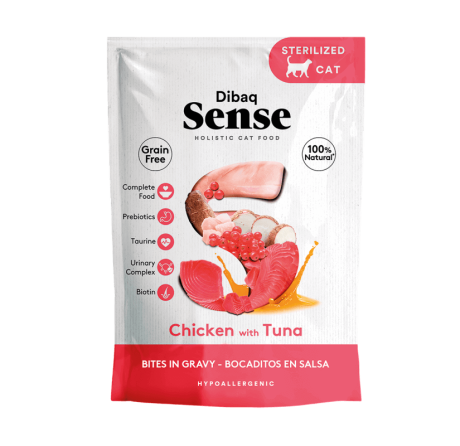 Comida húmeda Dibaq Sense para gato esterilizado: Pollo con Atún (Chicken with Tuna) en salsa, Grain Free, hipoalergénico