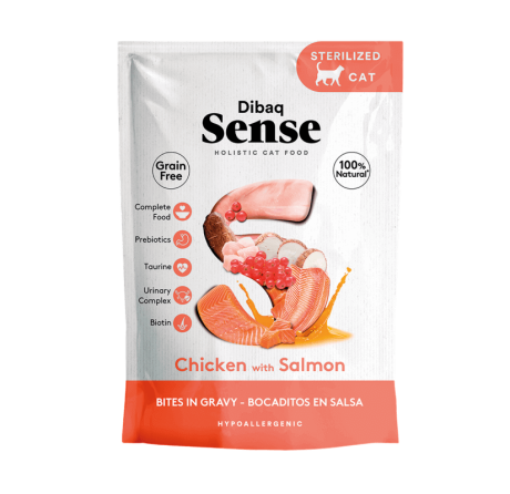 Comida húmeda Dibaq Sense para gato esterilizado: Pollo con Salmón (Chicken with Salmon) en salsa, Grain Free, hipoalergénico