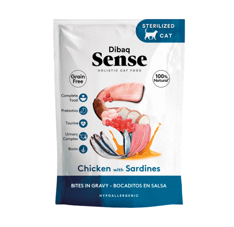 Comida húmeda Dibaq Sense para gato esterilizado: Pollo con Sardinas (Chicken with Sardines) en salsa, Grain Free, hipoalergénico