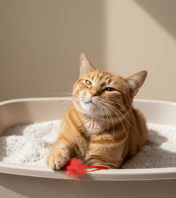 Gato atigrado naranja feliz en arenero con arena de sílice o aglomerante, arena para gatos.