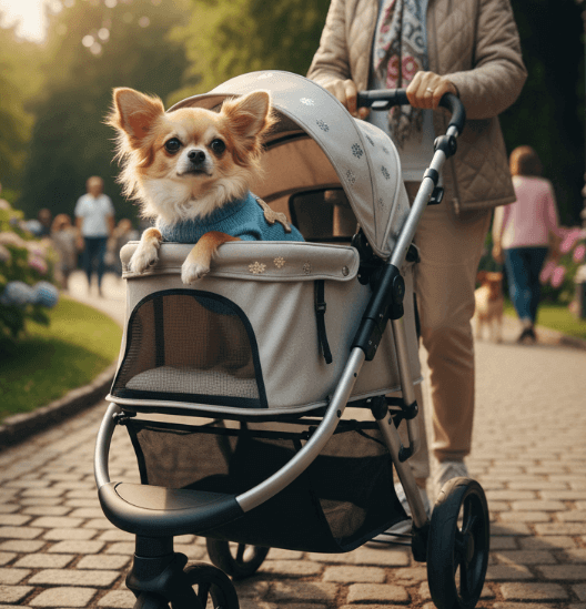 Chihuahua en carrito de paseo para mascotas, ejemplo de humanización de perros pequeños en un parque.