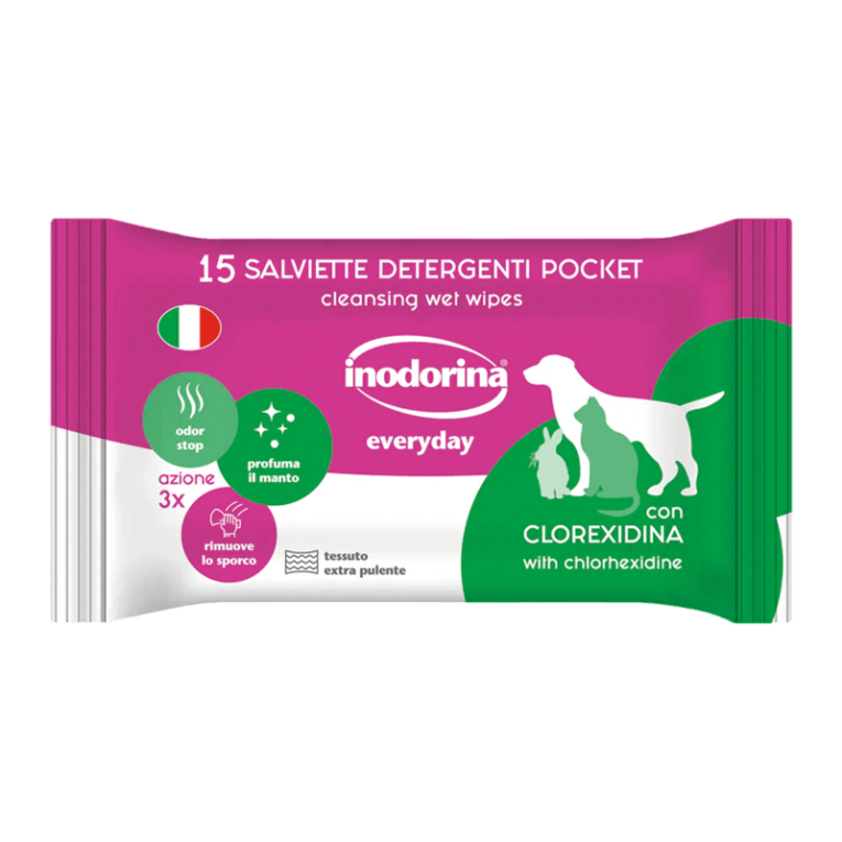 Toallitas húmedas Inodorina Everyday con Clorhexidina, 15 unidades, antibacterianas, limpiadoras y desodorantes para perros y gatos.