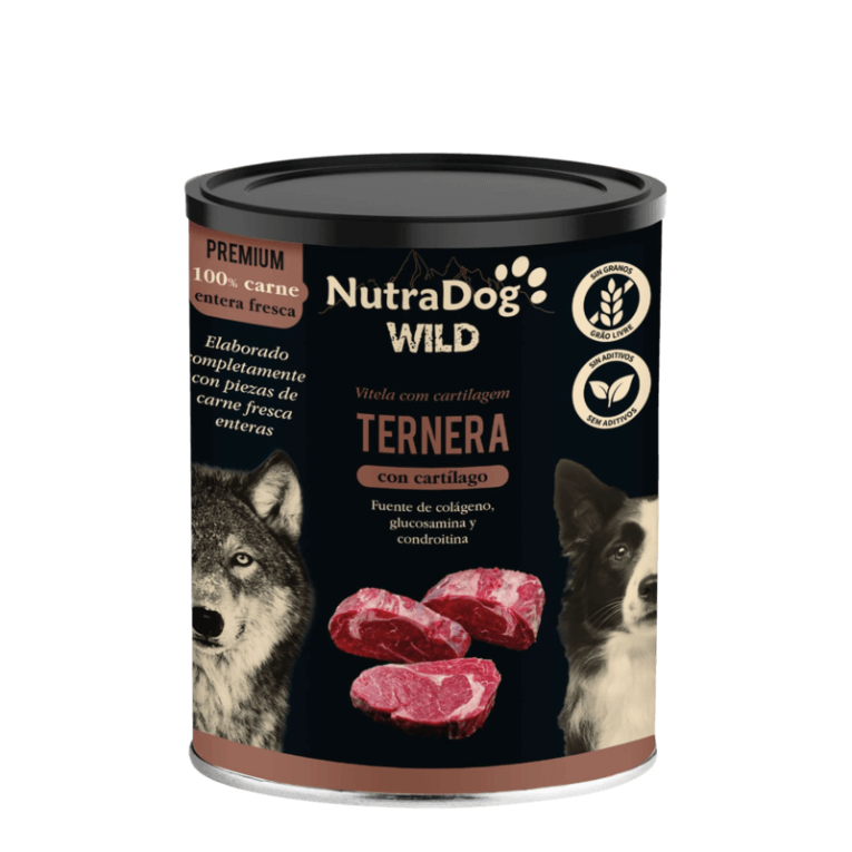Lata de comida húmeda NutraDog Wild Premium Ternera con Cartílago, fuente de colágeno, sin grano.